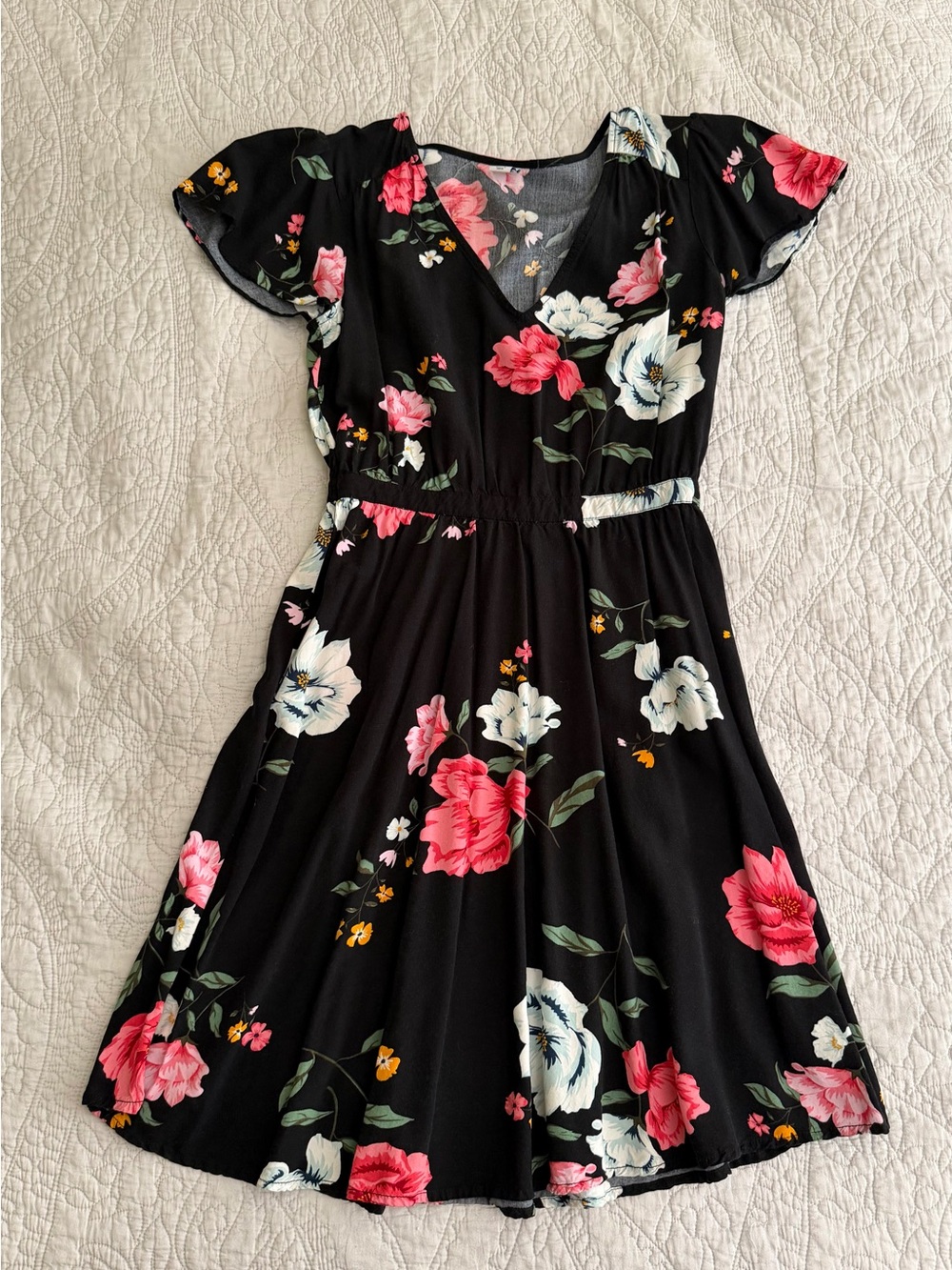 Old Navy Black Floral V-Neck Fit & Flare Dress with Pink and White Blooms